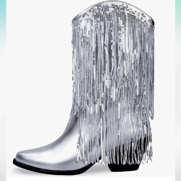 *NEW* TAYLOR SWIFT INSPIRED SILVER SEQUIN FRINGED COWBOY BOOTS 9.5 - Picture 5 of 9